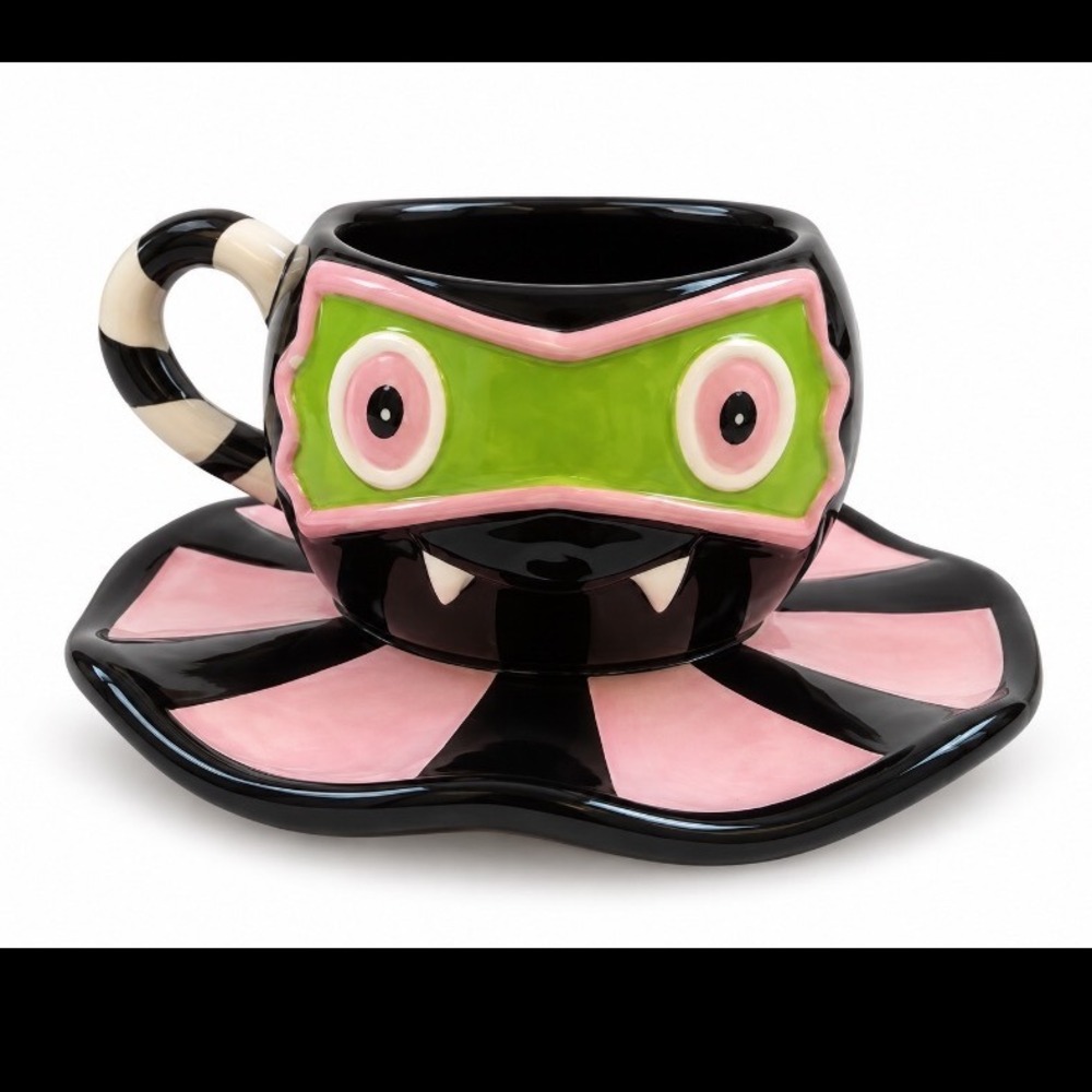 Jack O' Lantern Lane Monster Teacup and Saucer Set Pink Black halloween
